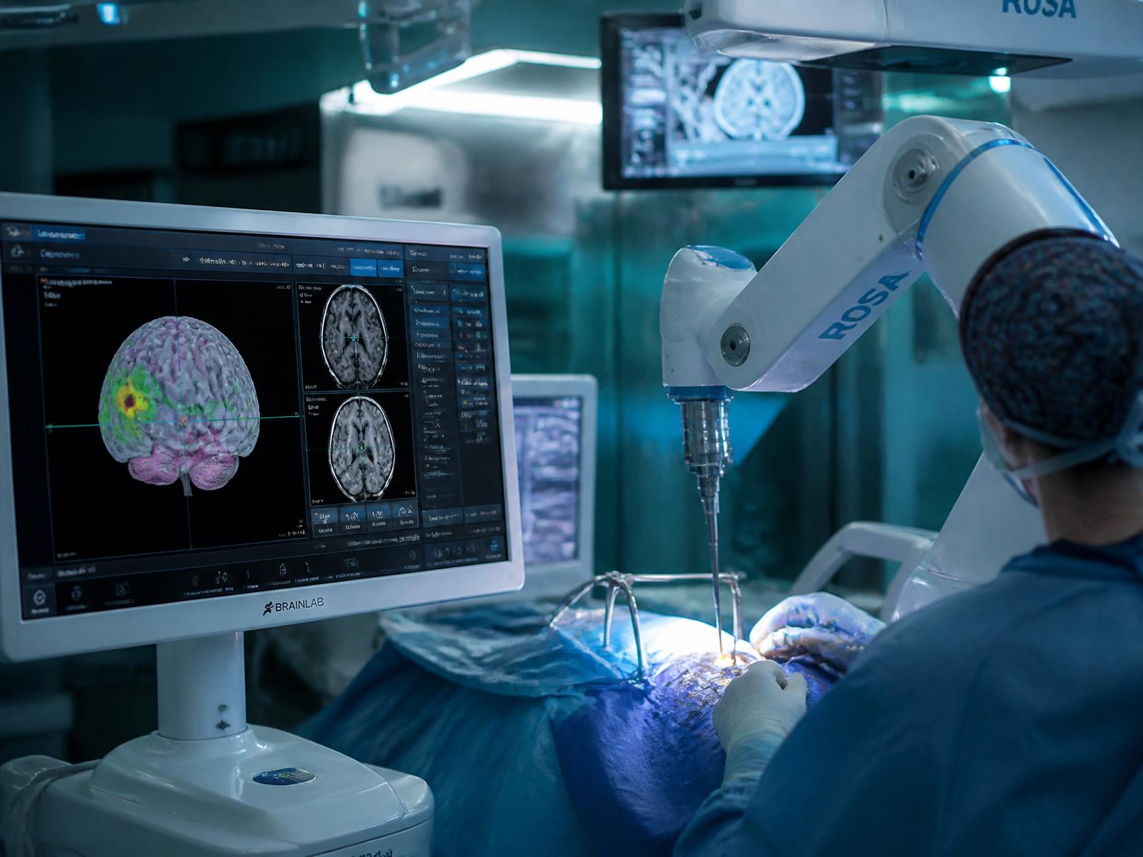 Neurosurgical robot and neuronavigation display in a modern OR